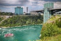 Niagara Falls, USA Ã¢â¬â August 29, 2018: Beautiful view of Rainbow Bridge from American side and the Canadian side with famous hot Royalty Free Stock Photo